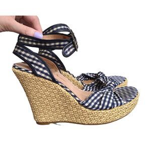 Nordstrom Gingham Plaid Ankle Strap Wedge Sandals Sz 10 Bow Tie Girly Girl Era